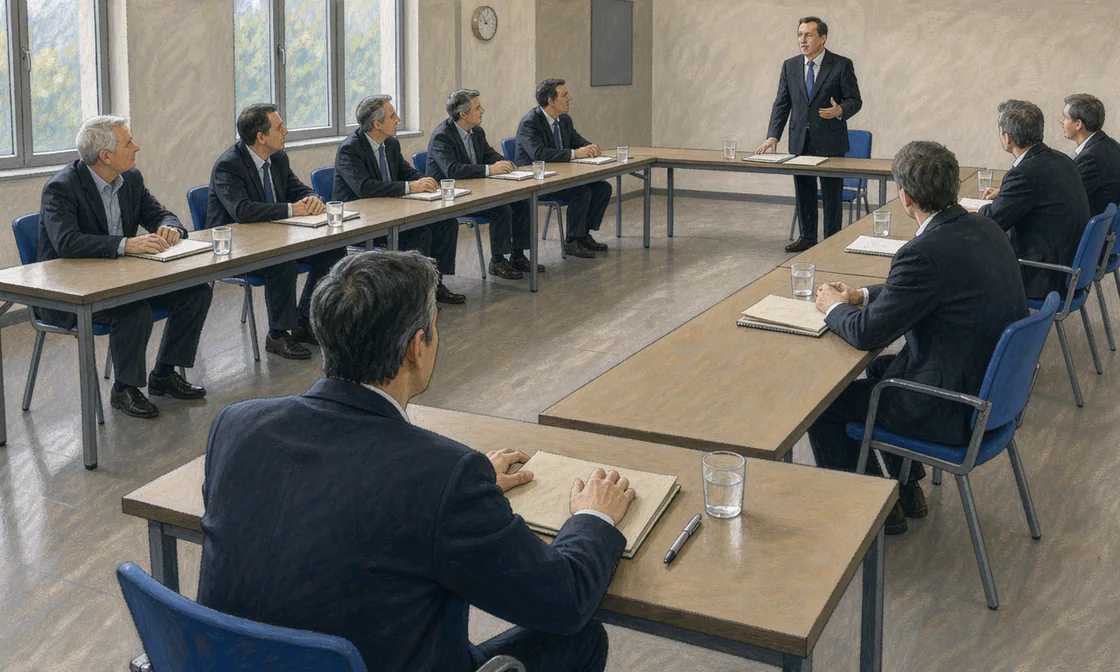 Illustration of attendees seated around long tables during a public advisory discussion in a plain meeting room