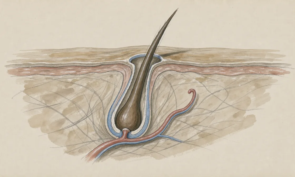 Gouache cutaway of a hair shaft, follicle bulb and surrounding skin in putty, blue and muted brown