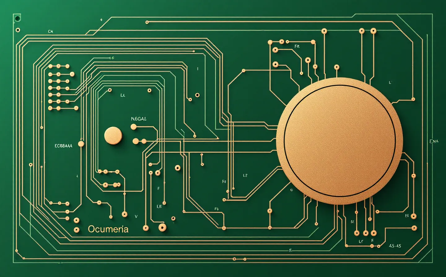 Copper-and-gold PCB net-map schematic on a deep green substrate — a small gold solder pad and a larger copper pad connected by a routed copper trace, with most branch traces converging on the larger pad and one flag-red trace routing aside to a hazard pad