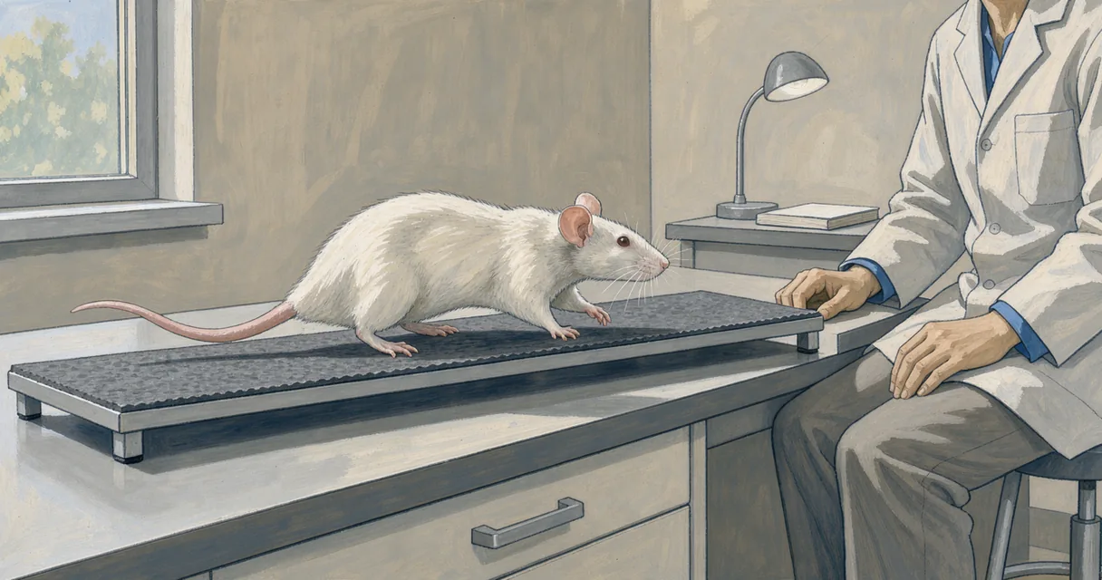 Gouache illustration of a white laboratory rat on a low testing walkway while a technician observes